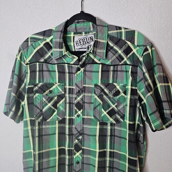 Rerun Mens Large Green Black Plaid Western Camp Shirt Button Cowboy - Picture 2 of 9